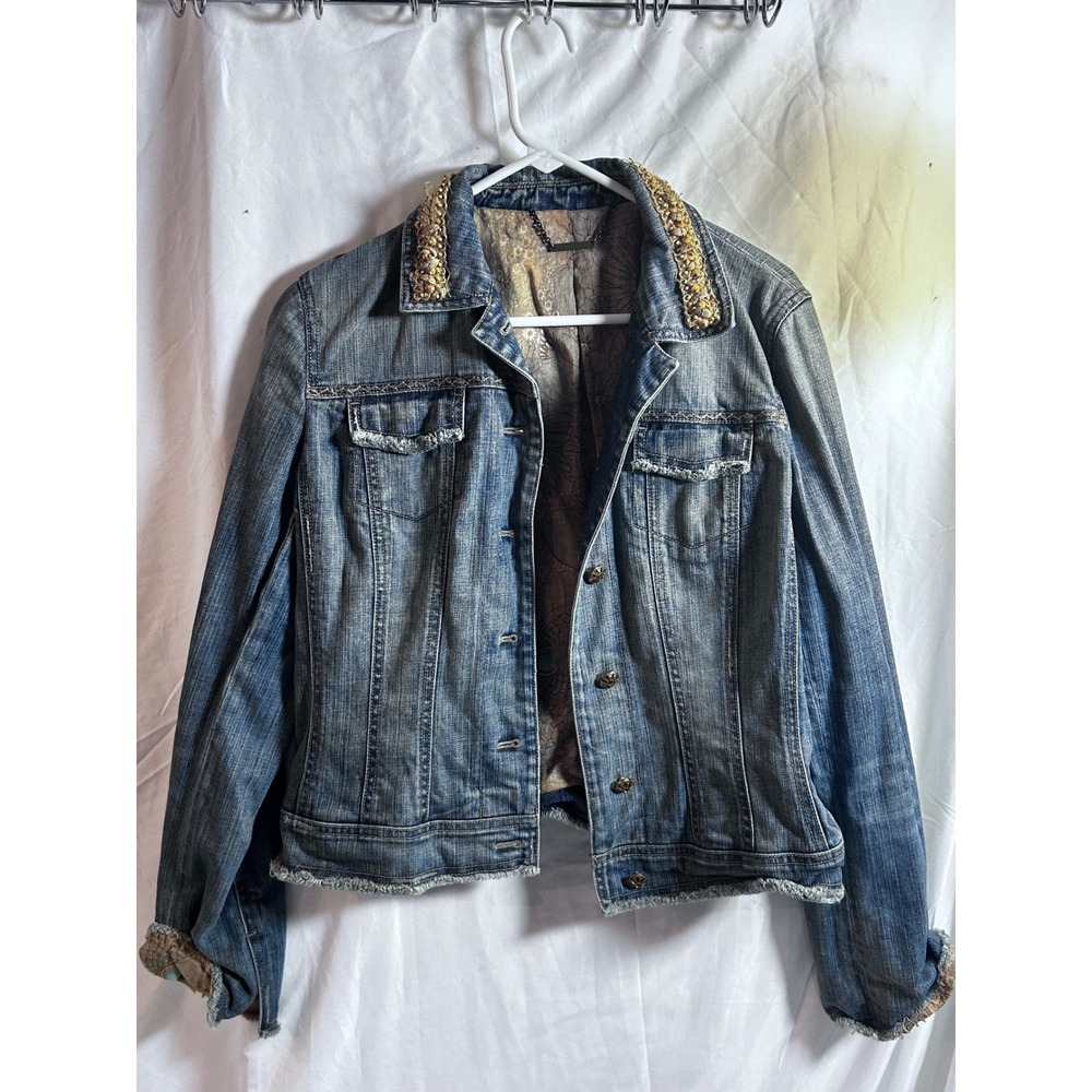Elie Tahari Denim Jacket Medium Blue Embellished Beaded Floral Womens